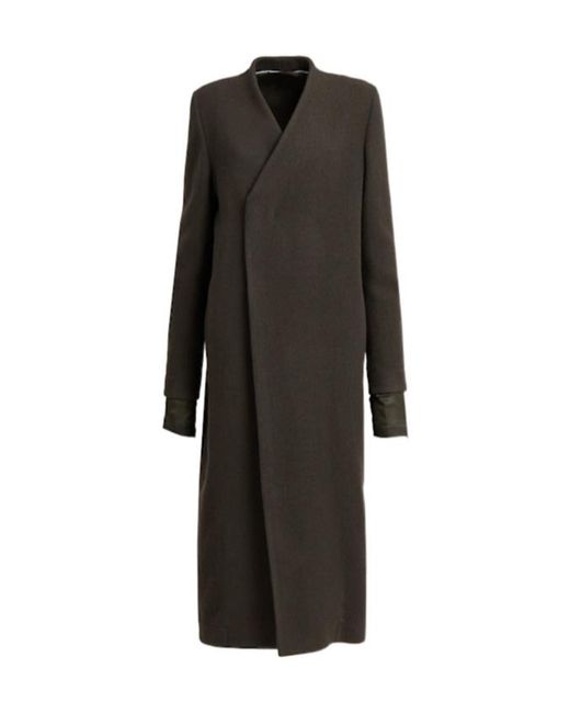 Rick Owens Black Museum Collarless Boiled Wool Long Coat