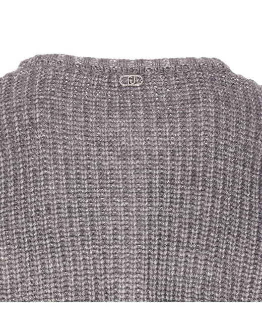 Liu Jo Gray Ribbed-Knit Crewneck Cardigan