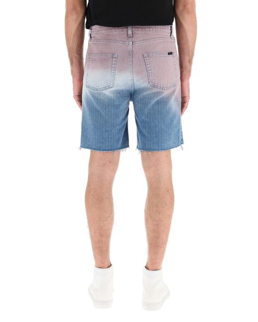 Saint Laurent Blue Gradient Raw Edge Denim Shorts for men