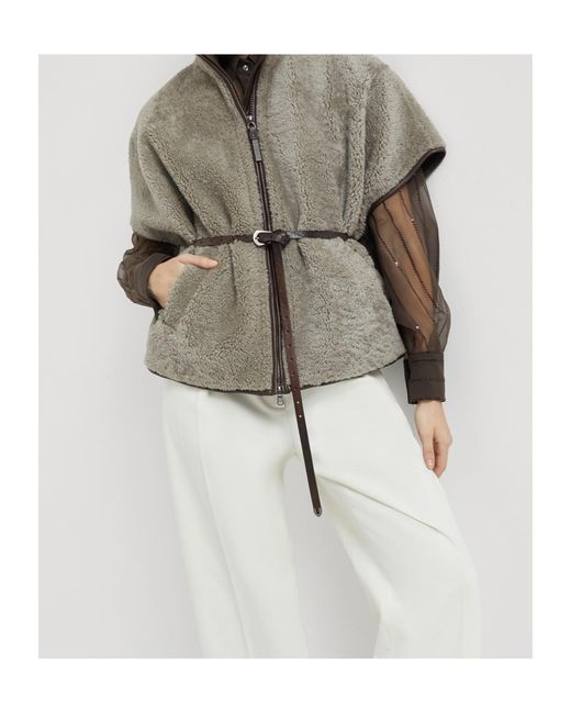 Brunello Cucinelli Gray Monili Chain-Detail Shearling Jacket