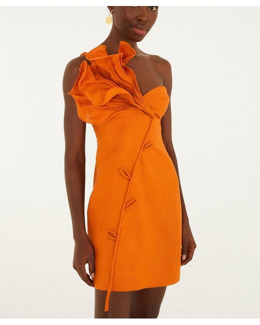 Farm Rio Orange Ruffle One-Shoulder Mini Dress