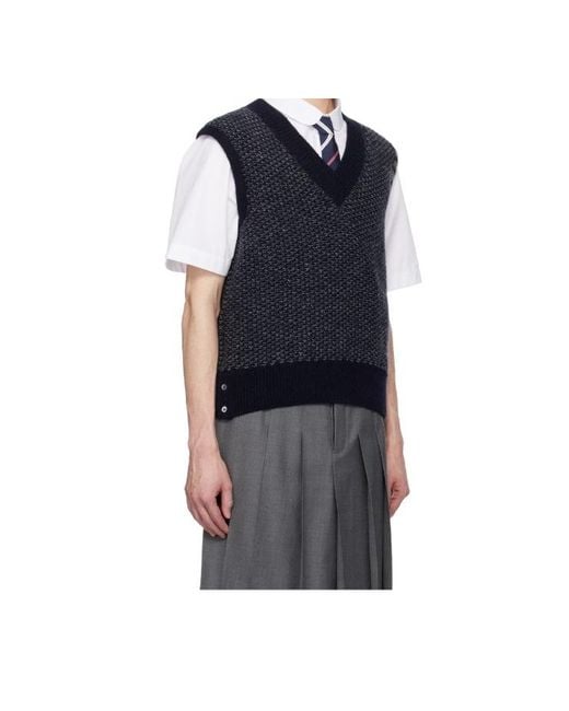 Thom Browne Blue 4-Bar Textured-Knit Vest for men