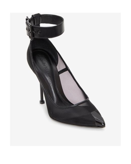 McQueen Black Mesh-Panelled Ankle Buckled Pumps