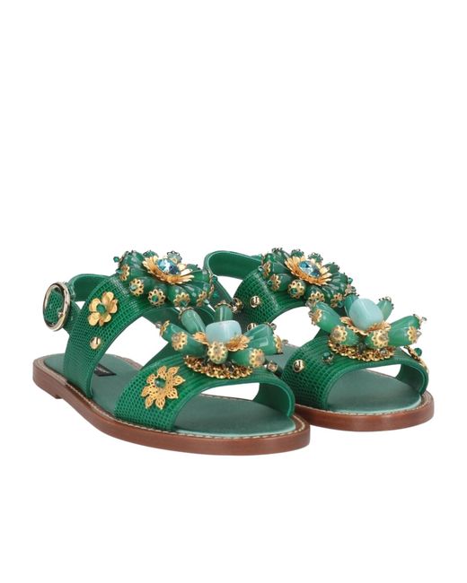 Dolce & Gabbana Green Croc-Embossed Rhinestone Sandals