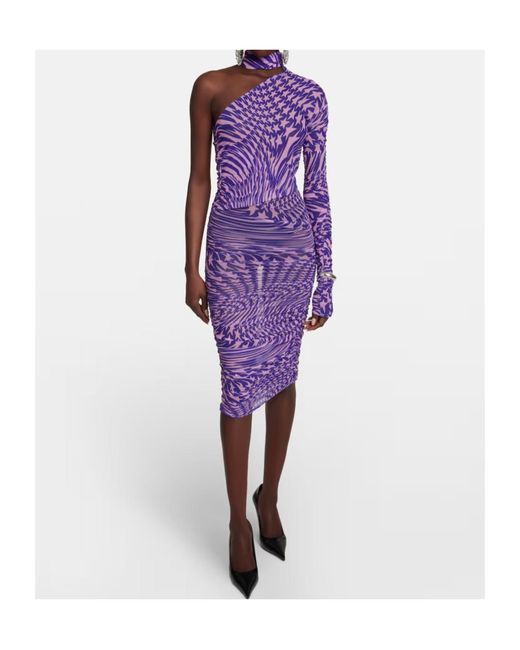 Mugler Purple Printed Mesh Lace Dress