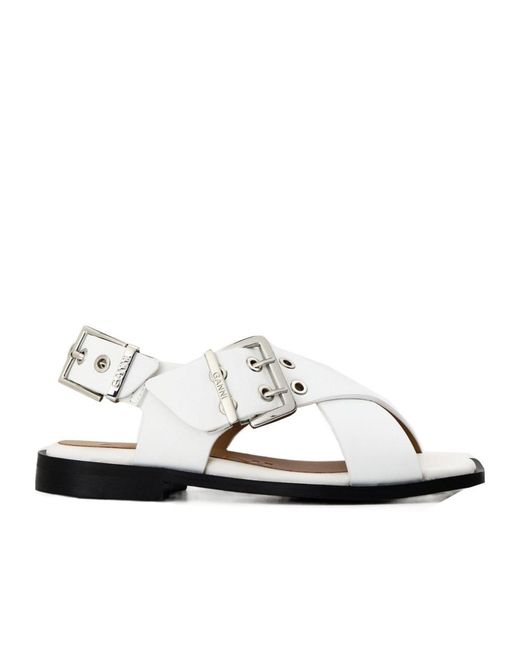 Ganni White Buckle Flat Sandals