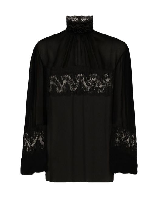 Dolce & Gabbana Black Lace-Embellished Ruched Detailed Blouse