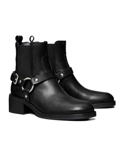 Tory Burch Black Buckle-Strap Ring Detail Boots