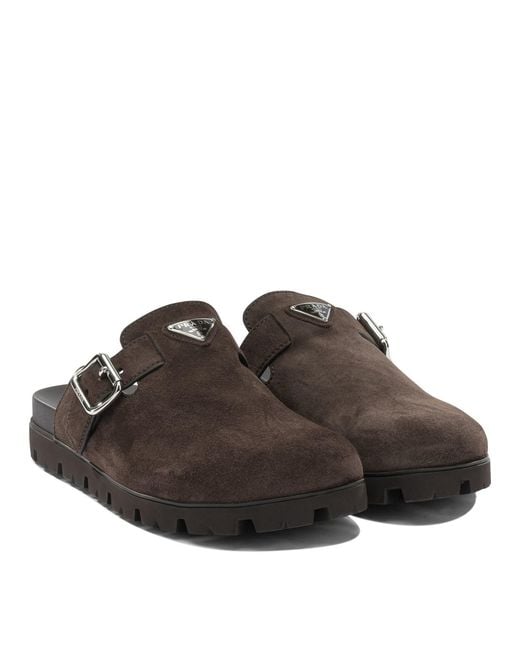 Prada Brown Triangle-Logo Mules for men