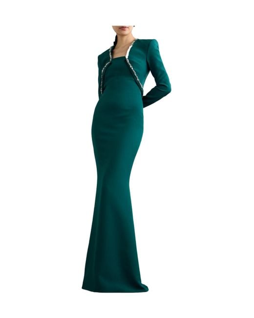 Safiyaa Green Crystal-Embellished Stretch-Crepe Gown