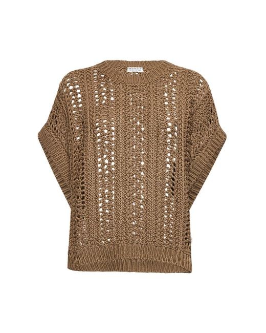 Brunello Cucinelli Brown Cotton Ribbed Net Sweater