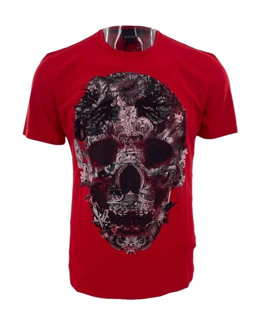 Just Cavalli Red Pattern Printed Short-Sleeved T-Shirt for men