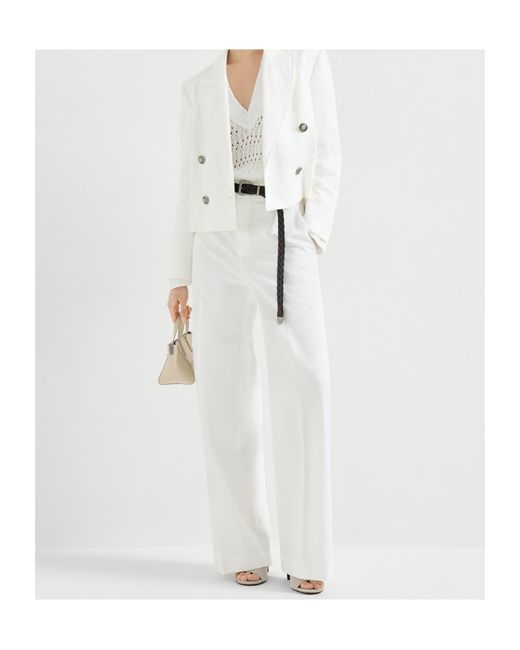 Brunello Cucinelli White Openwork V-Neck Knitted Sweater