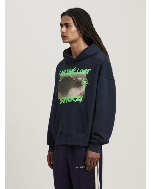 Palm Angels Blue Graphic-Print Cotton Hoodie for men