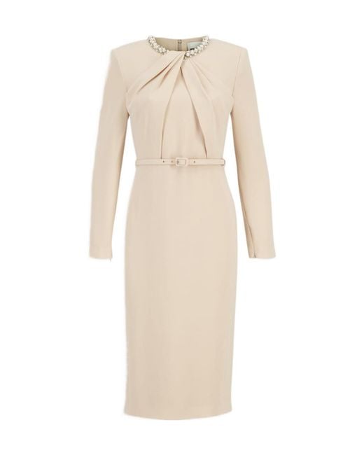 Roland Mouret Natural Twisted Drape Pearl-Trim Dress