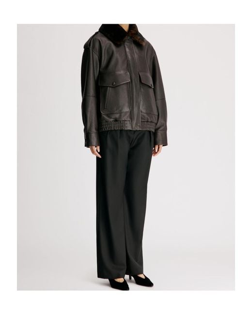 Loulou de Saison Black Russo Leather Bomber With Shearling Collar