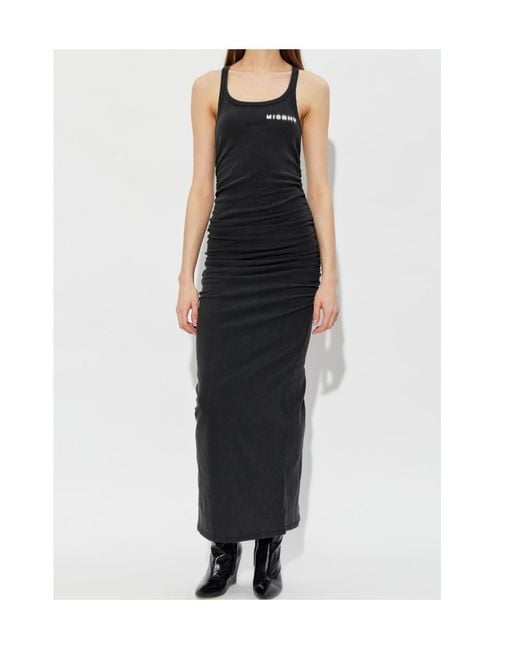 M I S B H V Black Logo-Print Ruched Dress