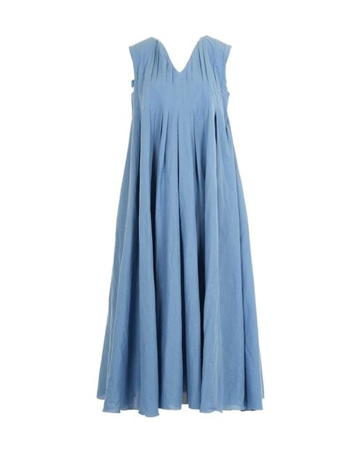 Max Mara Blue 'S Piega V-Neck Pleated Sleeveless Dress