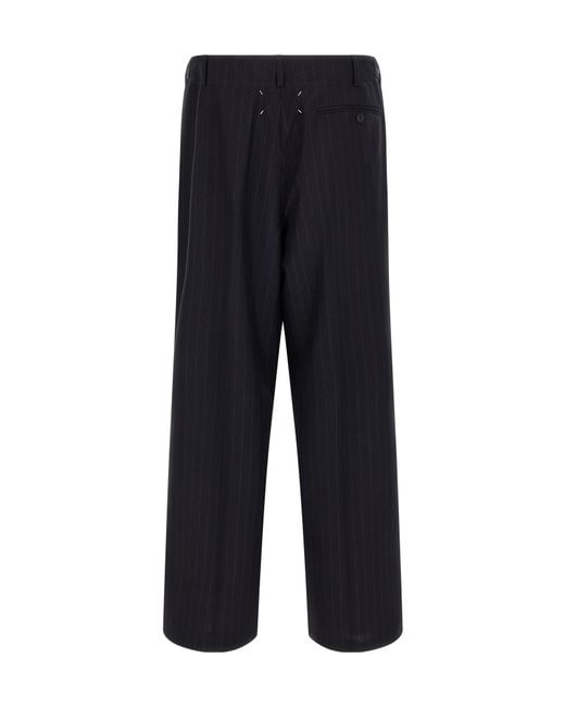 Maison Margiela Blue Pinstripe Drawstring Pleated Trousers for men