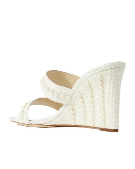 Jimmy Choo White Pearl-Embellished Satin Wedge Sandals