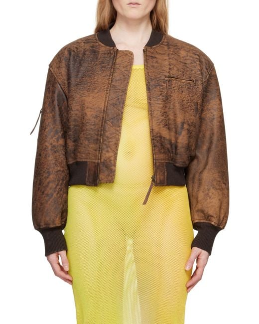 Acne Brown Abstract Printed Cropped Bomber Jacket