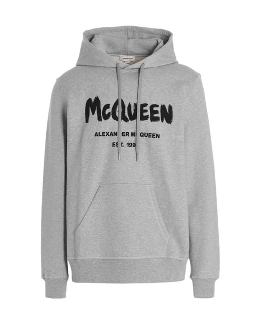 McQueen Gray Logo Print Drawstring Hoodie for men