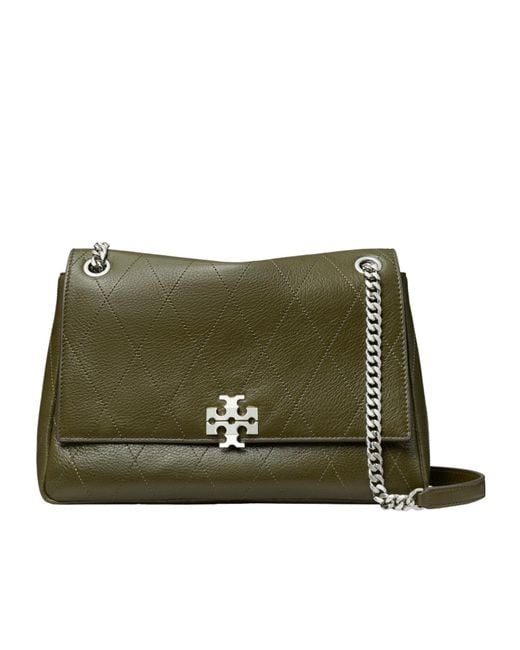 Tory Burch Green Medium Quilted Logo-Plaque Shoulder Bag