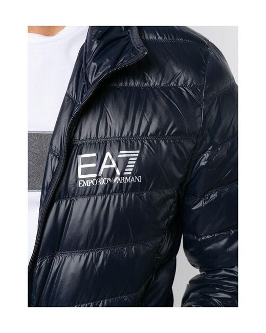 EA7 Blue Long-Sleeved Hooded Down Jacket for men
