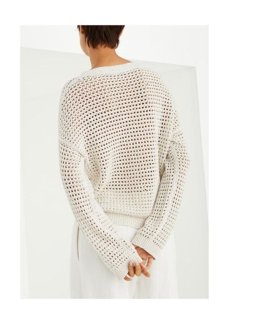 Brunello Cucinelli White V-Neck Knitted Jumper
