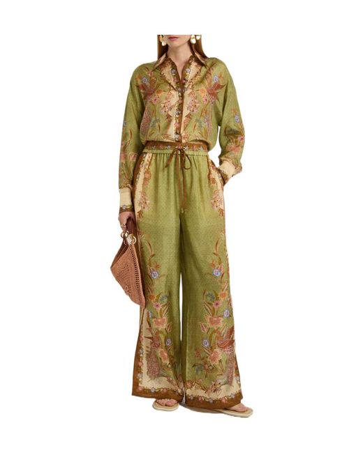 Zimmermann Green Printed Silk Trousers