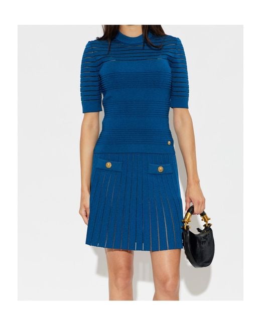 Balmain Blue Elastic Waist Midi Skirt