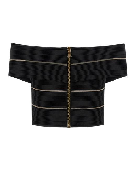 Balmain Black Off-The-Shoulder Cropped Top