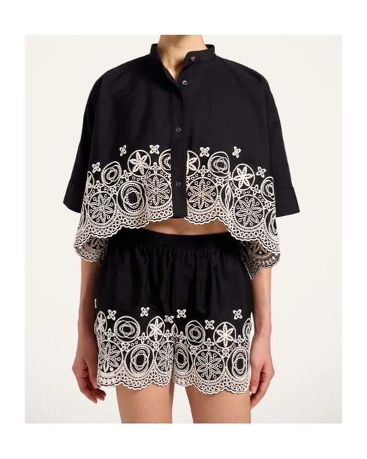 LaDoubleJ Black Mini Foulard Sangallo-Embroidered Cropped Shirt
