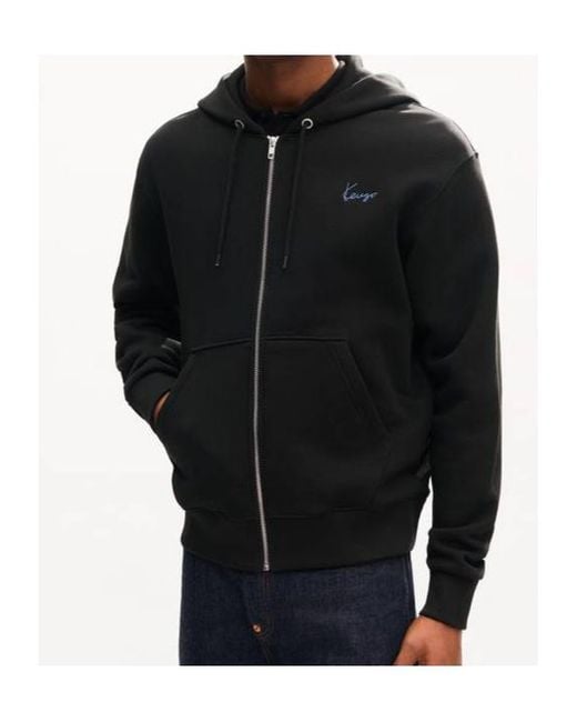 KENZO Black Signature Embroidered Zip Up Hoodie for men