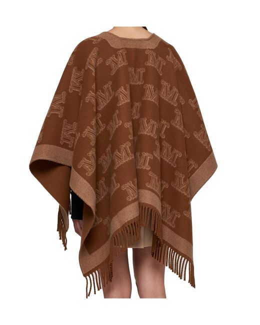 Max Mara Brown Studio All-Over Logo Patterned Fringed Edge Cape