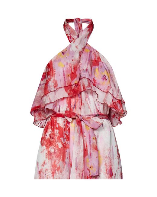 MSGM Pink Floral Printed Halterneck Midi Dress