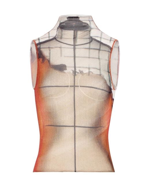 Jean Paul Gaultier Natural Mesh High Neck Twisted Tank Top Printed 'Fire'