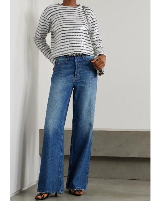 FRAME White Pleated Sequined Striped Sweater