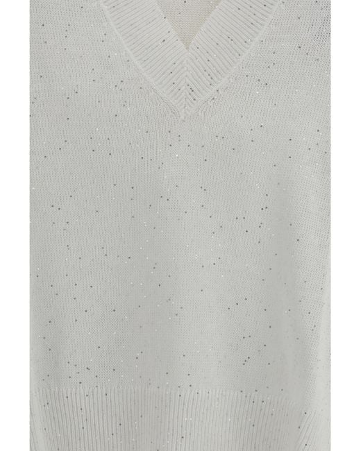 Brunello Cucinelli Gray V-Neck Knitted Jumper