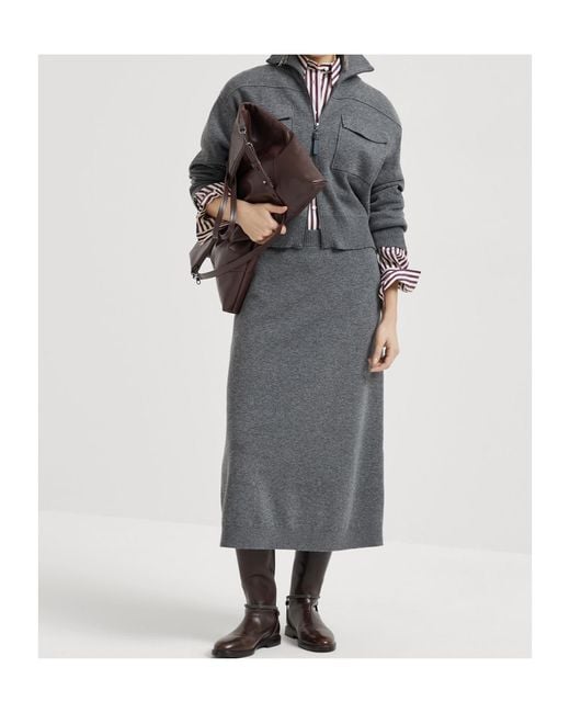 Brunello Cucinelli Gray Knitted Midi Skirt