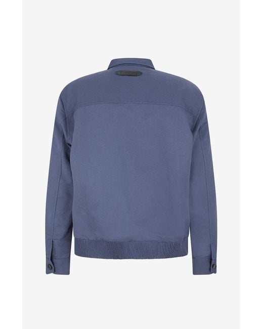Brioni Blue Short Linen And Cotton Shirt Collar Jacket for men