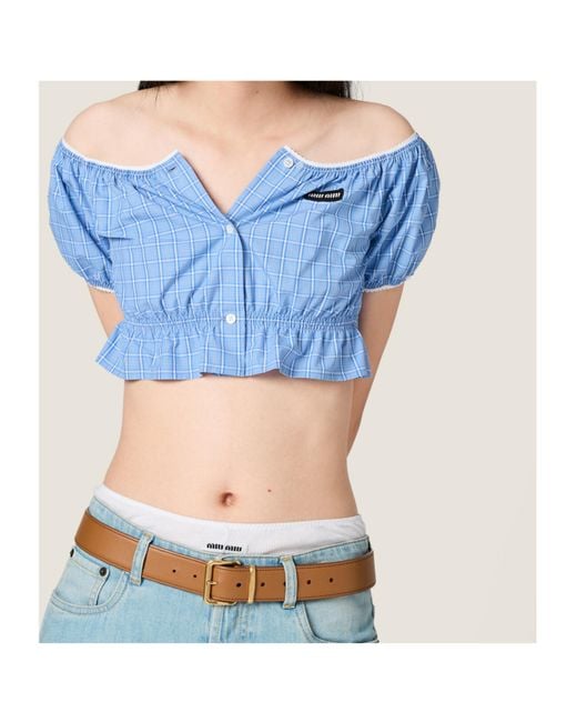 Miu Miu Blue Checked Poplin Cropped Top