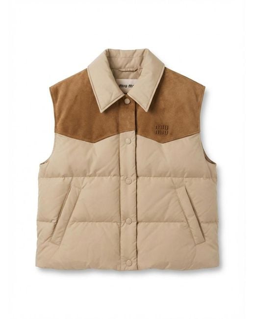 Miu Miu Natural Technical Pongé And Leather Down Vest