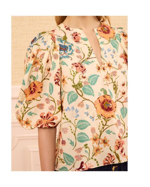 Ulla Johnson Natural Floral Print Puff Sleeve Cotton Top