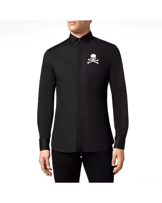 Philipp Plein Black Skull Logo Long-Sleeved Shirt for men