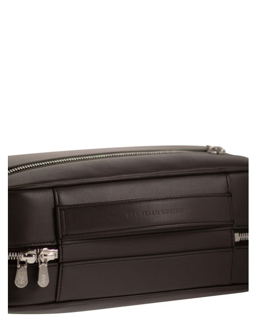 Brunello Cucinelli Black Logo Leather Wash Bag for men