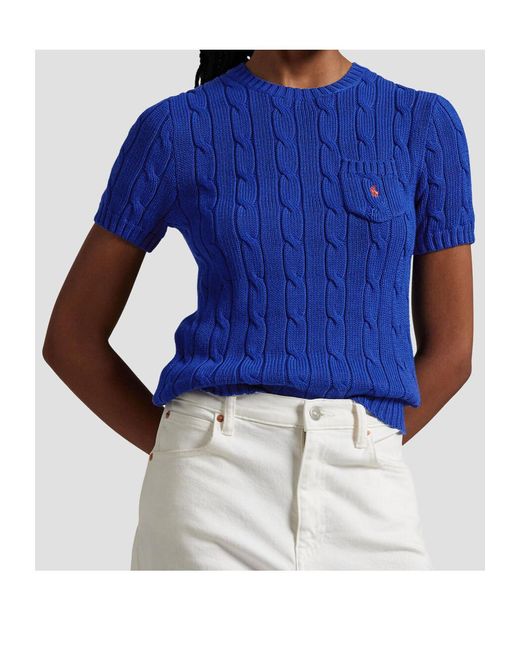 Polo Ralph Lauren Blue Logo Embroidered Cable-Knit Crewneck Top