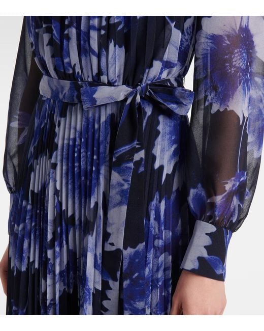 Erdem Blue Floral Pleated Voile Gown