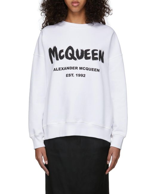 McQueen White Logo Printed Crewneck Sweatshirt