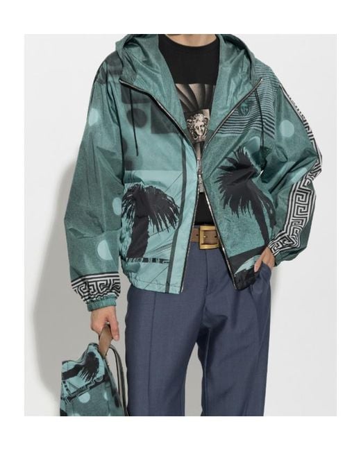 Versace Green Sunset Palms Print Hooded Jacket for men